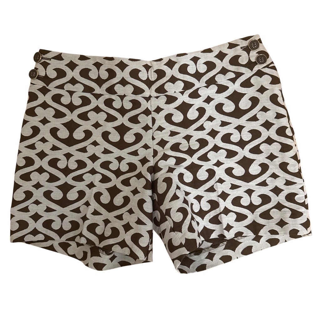 Ann Taylor LOFT Brown White Geometric Scroll Print Shorts Side Button Size 2